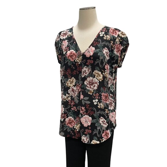 Floral V-Neck Blouse M V-Back Strap Detail Elegant Casual Fall Feminine Office - Picture 6 of 9